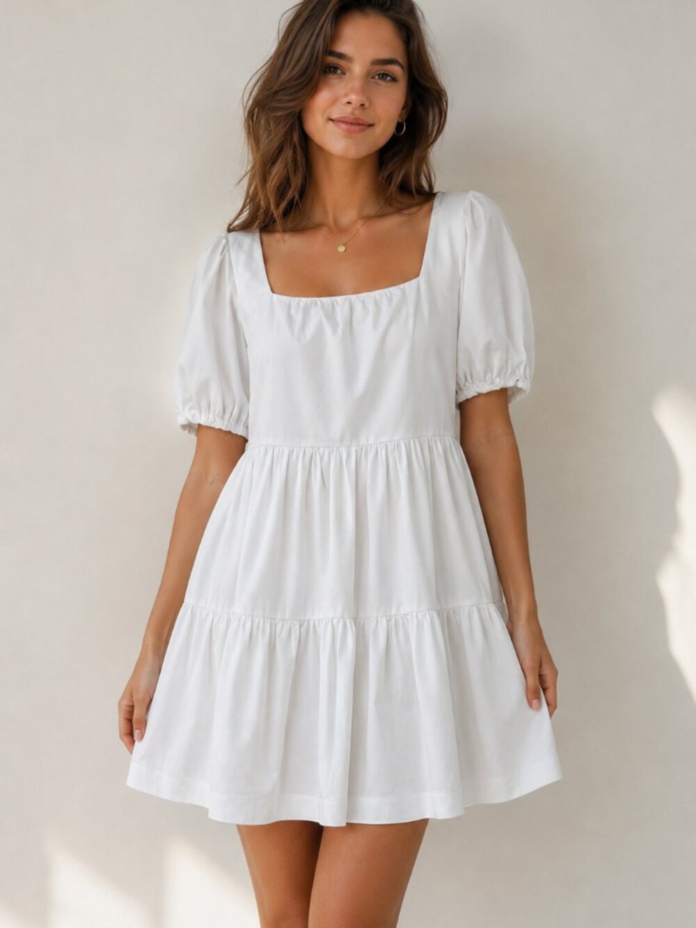 Gianni Bini Tiered Babydoll Dress S EUC White Puff Sleeve Square Neck Mini